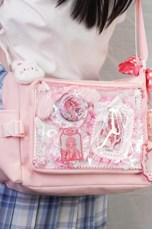 Pink Kawaii Convertible Ita Bag with Clear Window for Plushies and Pins