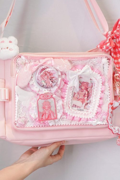 Pink Kawaii Convertible Ita Bag with Clear Window for Plushies and Pins