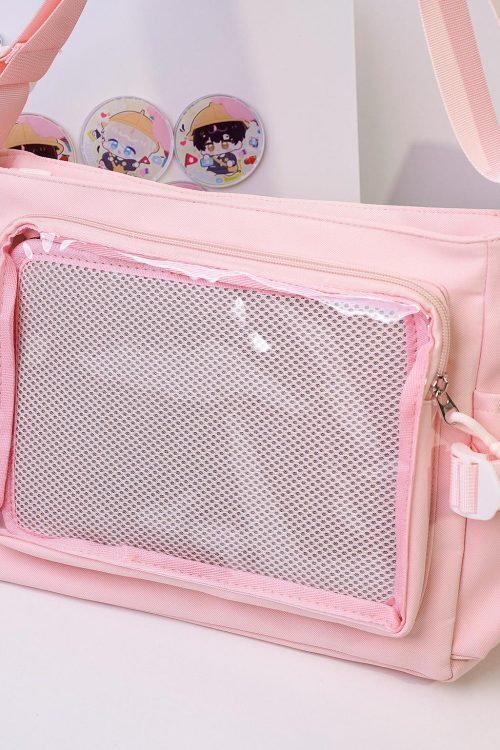 Pink Kawaii Convertible Ita Bag with Clear Window for Plushies and Pins
