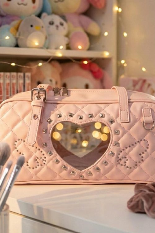 Pink Kawaii Heart Convertible Ita Bag with Clear Window for Pin Display