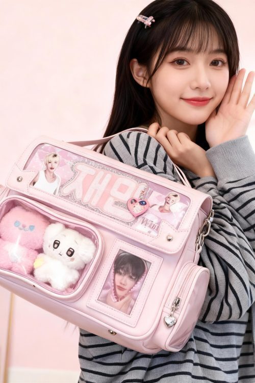 Pink Kawaii Ita Tote Bag with Clear Window for Plushies and Pins