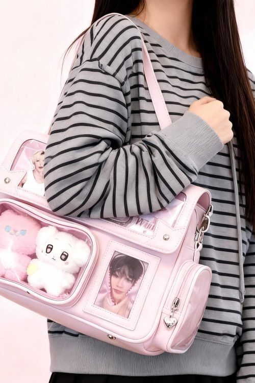 Pink Kawaii Ita Tote Bag with Clear Window for Plushies and Pins