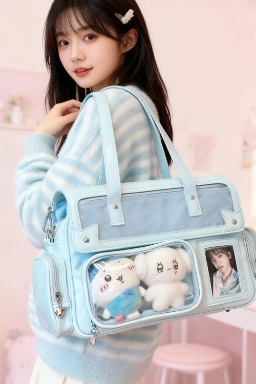 Pink Kawaii Ita Tote Bag with Clear Window for Plushies and Pins