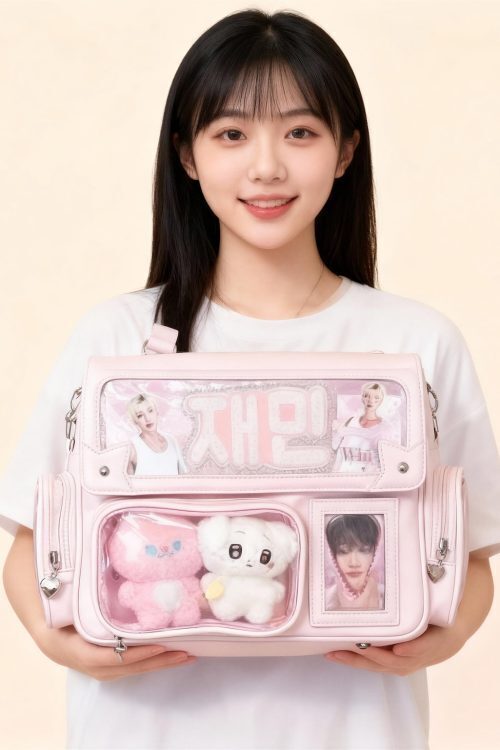 Pink Kawaii Ita Tote Bag with Clear Window for Plushies and Pins