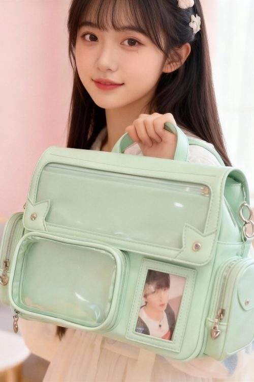 Pink Kawaii Ita Tote Bag with Clear Window for Plushies and Pins