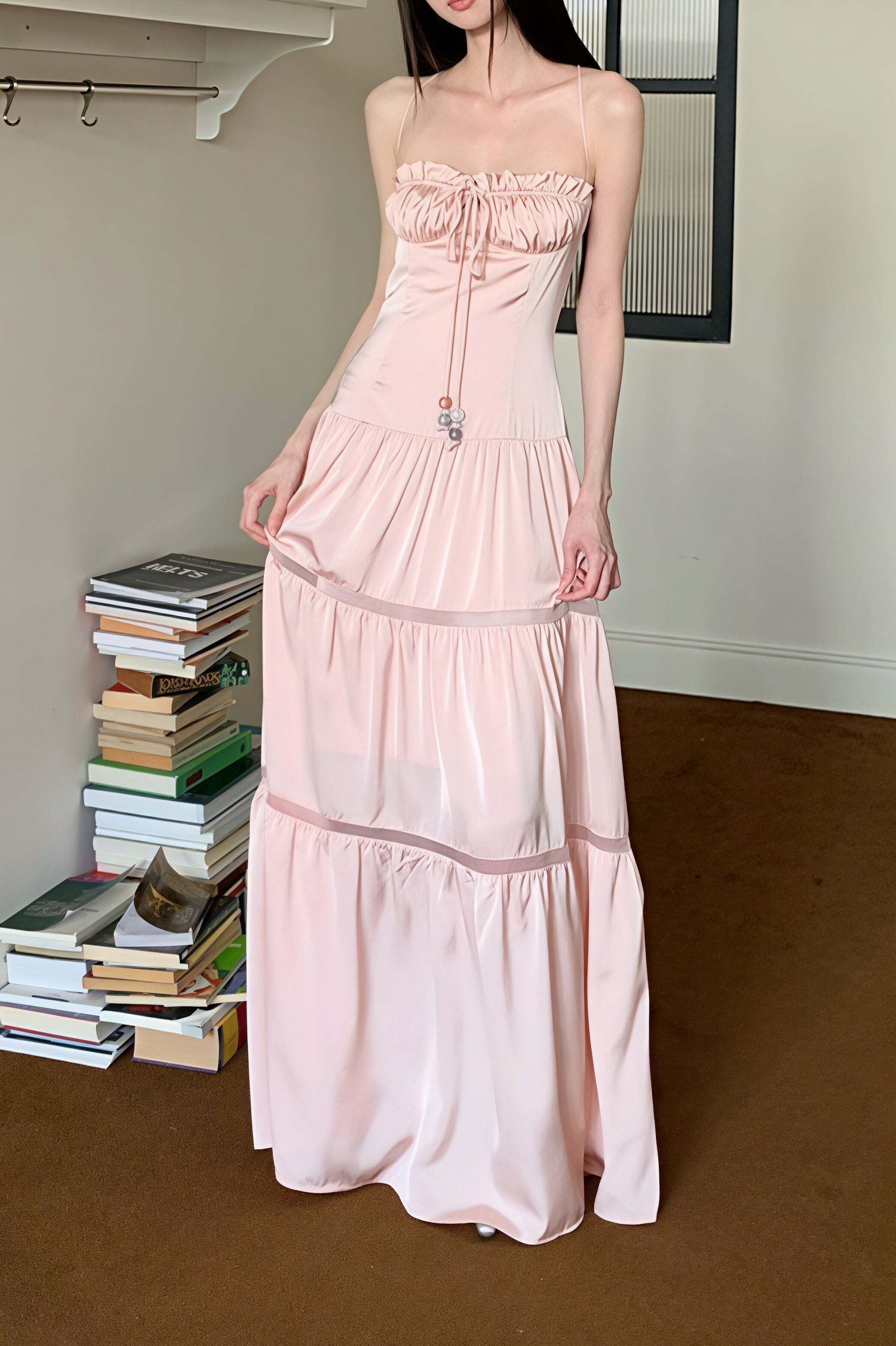 Pink Satin Tie Strapless Spaghetti Strap Maxi Dress Pink Satin Tie Strapless Spaghetti Strap Maxi Dress