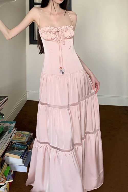 Pink Satin Tie Strapless Spaghetti Strap Maxi Dress
