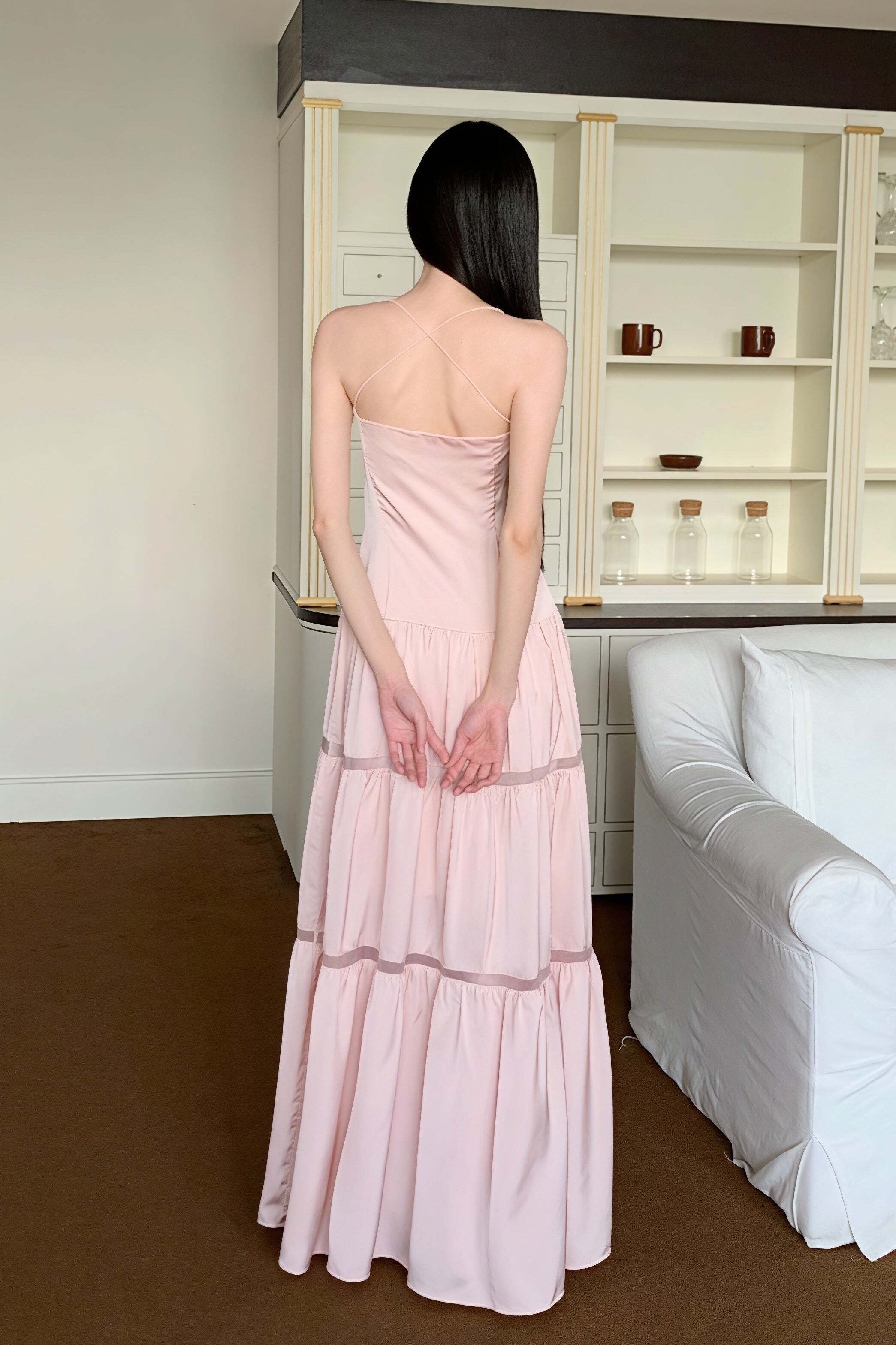 Pink Satin Tie Strapless Spaghetti Strap Maxi Dress Pink Satin Tie Strapless Spaghetti Strap Maxi Dress