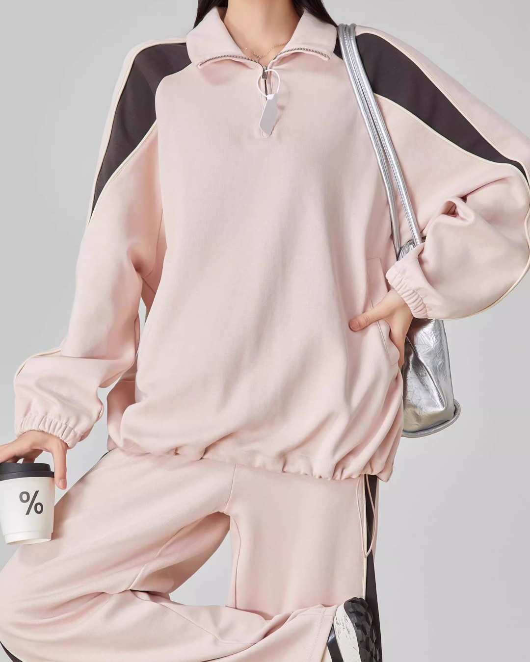 Pink Stand-Collar Sweatshirt / Loose Sweatpants Pink Stand-Collar Sweatshirt / Loose Sweatpants