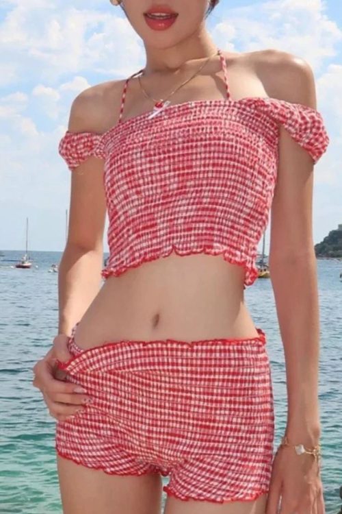 Plaid Matching Cropped Tank High Waist Shorts Two Pieces Set