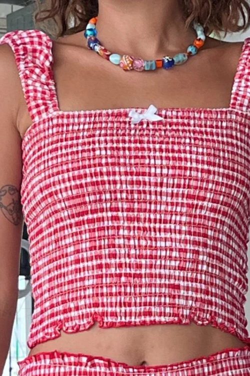 Plaid Matching Cropped Tank High Waist Shorts Two Pieces Set