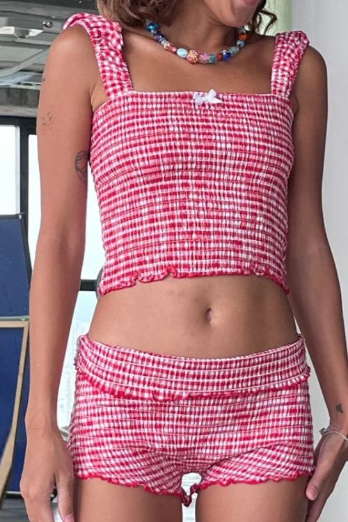 Plaid Matching Cropped Tank High Waist Shorts Two Pieces Set