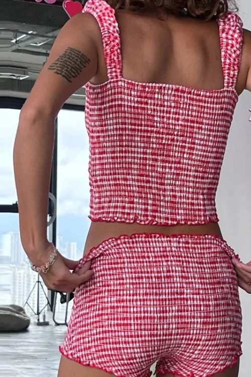 Plaid Matching Cropped Tank High Waist Shorts Two Pieces Set