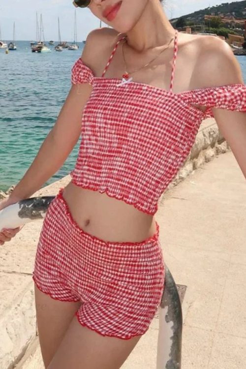 Plaid Matching Cropped Tank High Waist Shorts Two Pieces Set