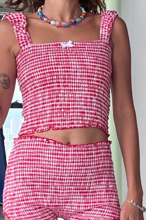 Plaid Matching Cropped Tank High Waist Shorts Two Pieces Set