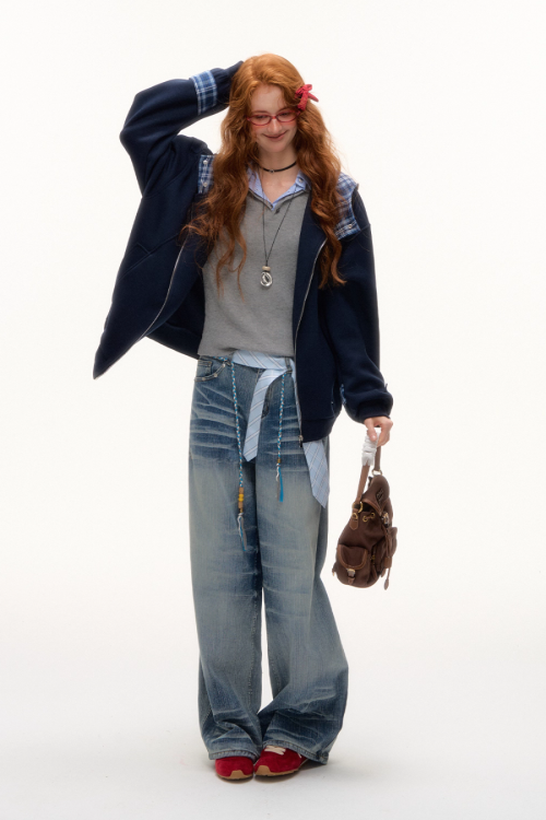 Plaid Patched Hood Jacket / Long Sleeve Top / Denim Pants