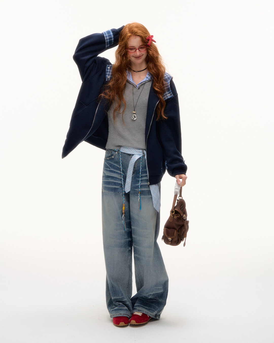 Plaid Patched Hood Jacket / Long Sleeve Top / Denim Pants Plaid Patched Hood Jacket / Long Sleeve Top / Denim Pants