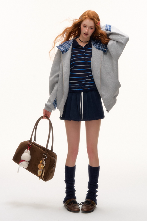 Plaid Patched Hood Jacket / Long Sleeve Top / Denim Pants