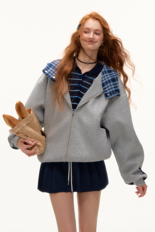 Plaid Patched Hood Jacket / Long Sleeve Top / Denim Pants