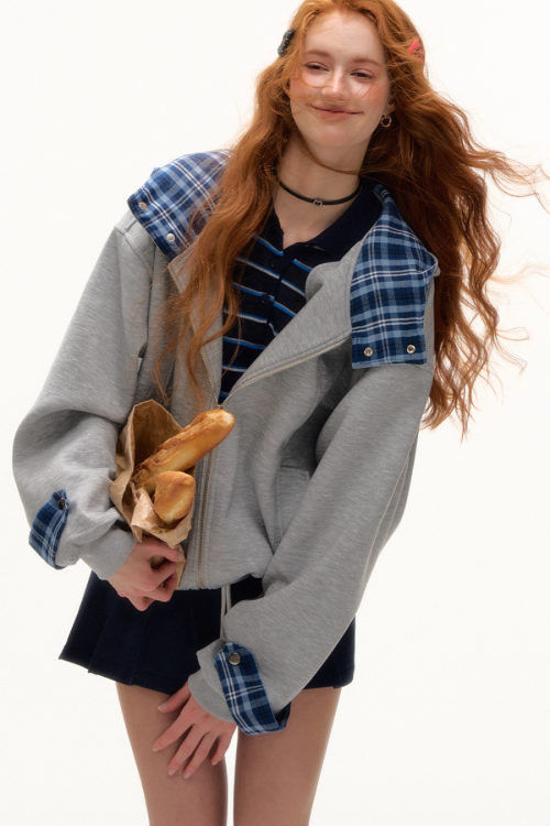 Plaid Patched Hood Jacket / Long Sleeve Top / Denim Pants