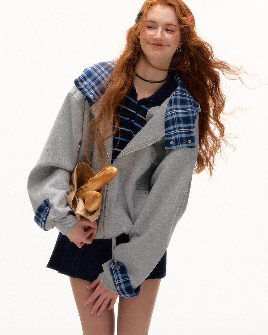 Plaid Patched Hood Jacket / Long Sleeve Top / Denim Pants Plaid Patched Hood Jacket / Long Sleeve Top / Denim Pants