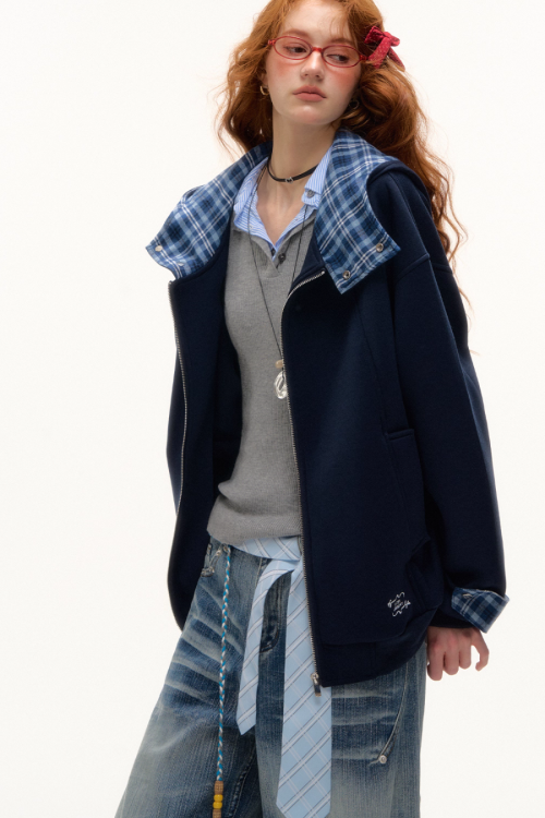 Plaid Patched Hood Jacket / Long Sleeve Top / Denim Pants