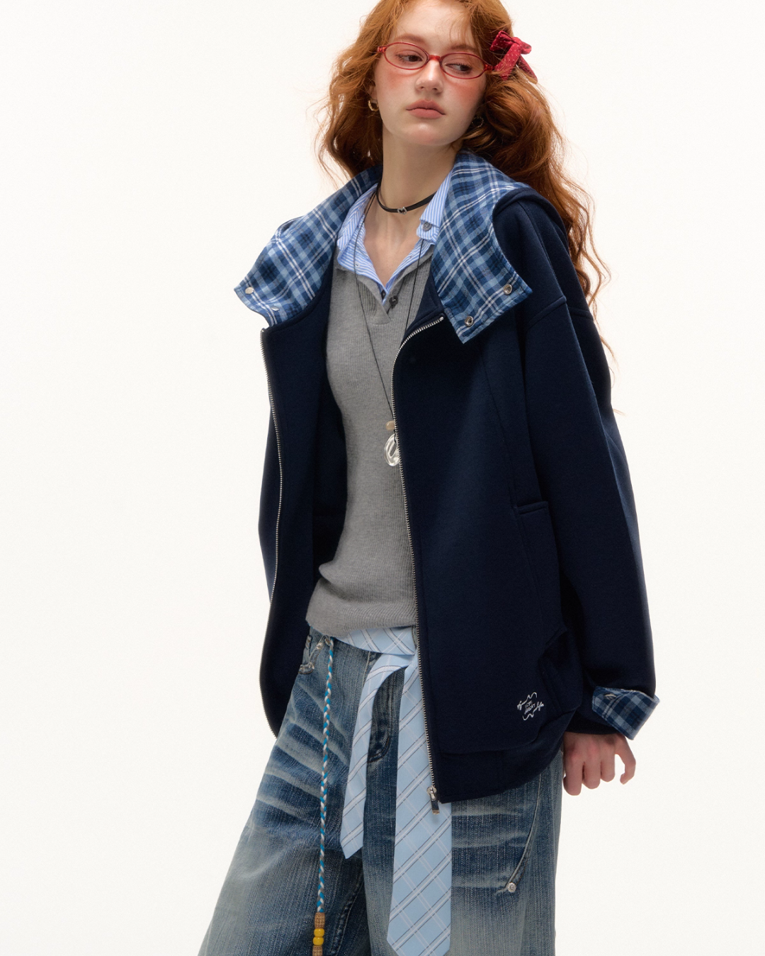 Plaid Patched Hood Jacket / Long Sleeve Top / Denim Pants Plaid Patched Hood Jacket / Long Sleeve Top / Denim Pants
