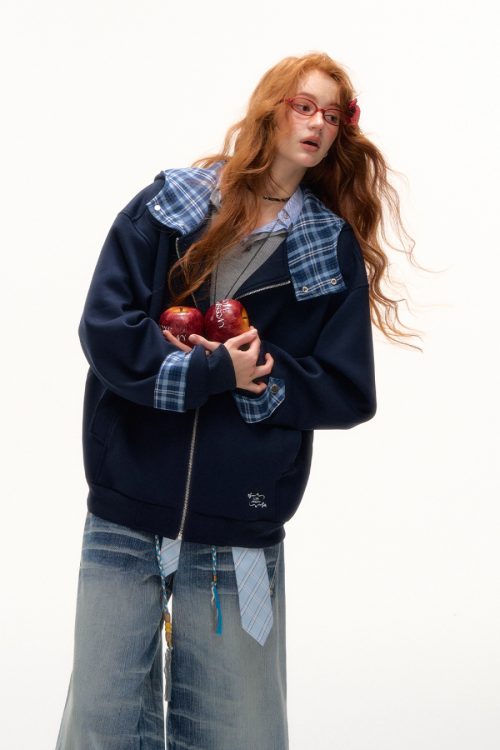 Plaid Patched Hood Jacket / Long Sleeve Top / Denim Pants