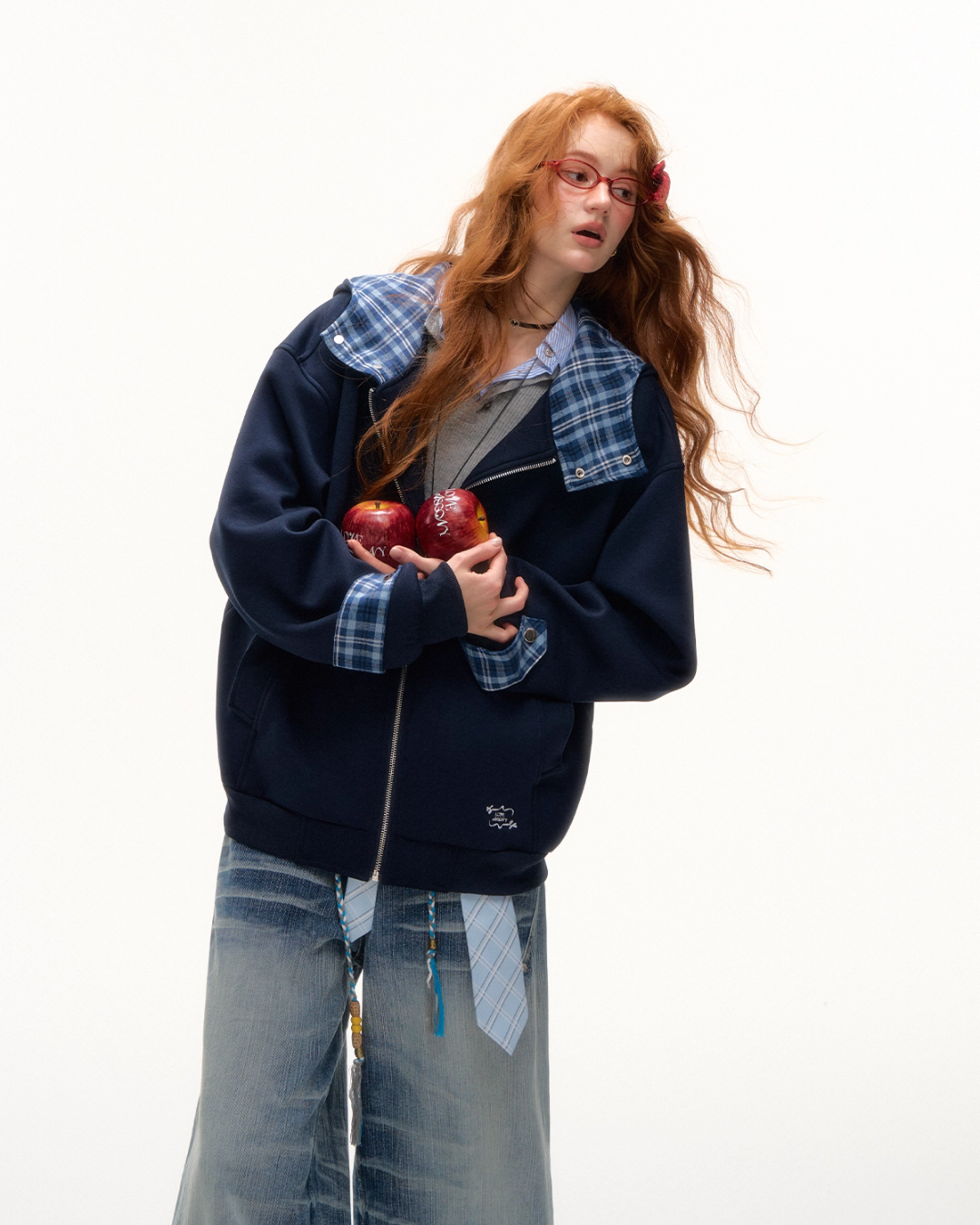 Plaid Patched Hood Jacket / Long Sleeve Top / Denim Pants Plaid Patched Hood Jacket / Long Sleeve Top / Denim Pants