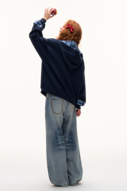 Plaid Patched Hood Jacket / Long Sleeve Top / Denim Pants