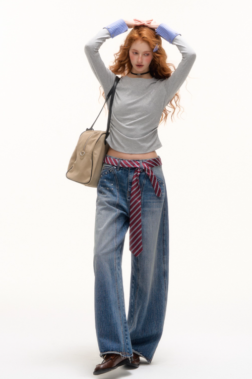 Plaid Patched Hood Jacket / Long Sleeve Top / Denim Pants