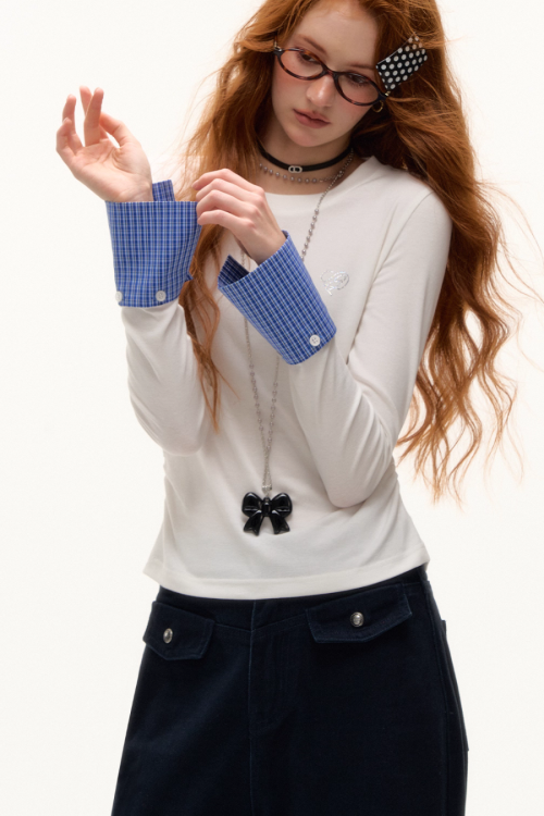 Plaid Patched Hood Jacket / Long Sleeve Top / Denim Pants