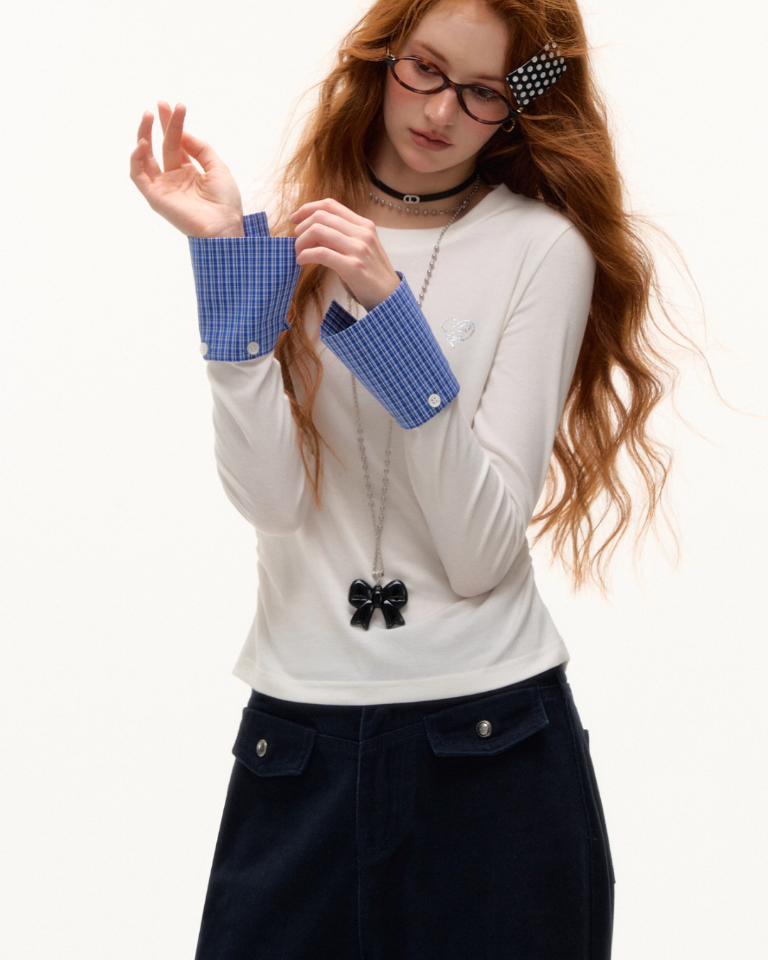 Plaid Patched Hood Jacket / Long Sleeve Top / Denim Pants Plaid Patched Hood Jacket / Long Sleeve Top / Denim Pants