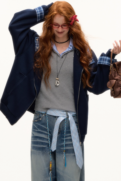 Plaid Patched Hood Jacket / Long Sleeve Top / Denim Pants