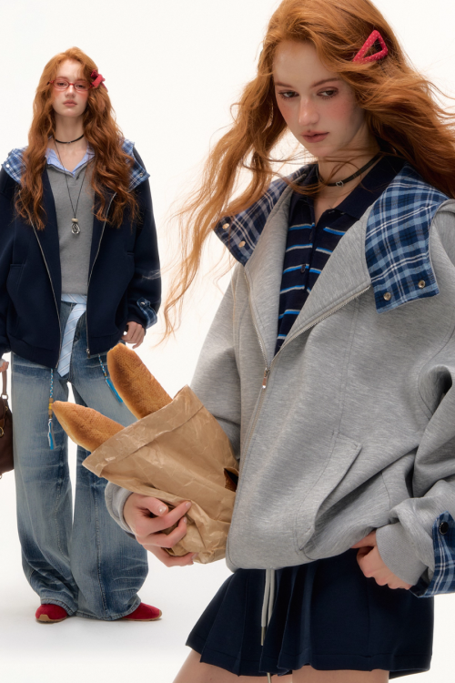 Plaid Patched Hood Jacket / Long Sleeve Top / Denim Pants