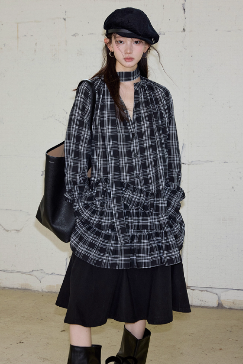 Plaid Ruffled Long Sleeve Shirt
