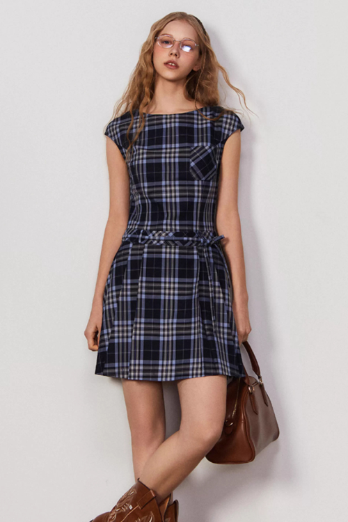 Plaid Short Sleeve Bow Dress