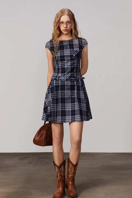 Plaid Short Sleeve Bow Dress