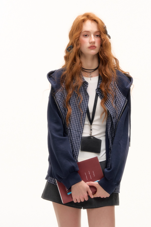 Plaid Spliced Hood Hoodie / Mini Skirt / Flare Pants