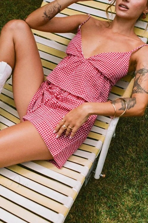 Plaid V Neck Backless Tie-Up Camis Elastic Waist Shorts Two Pieces Set