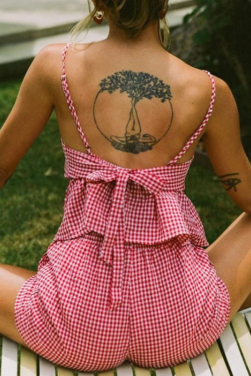 Plaid V Neck Backless Tie-Up Camis Elastic Waist Shorts Two Pieces Set