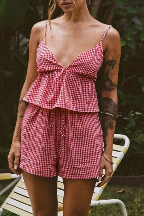 Plaid V Neck Backless Tie-Up Camis Elastic Waist Shorts Two Pieces Set