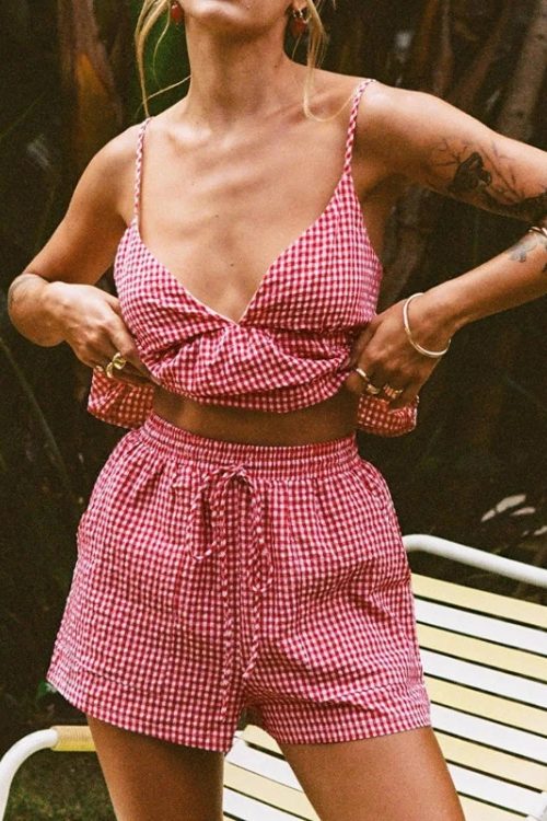 Plaid V Neck Backless Tie-Up Camis Elastic Waist Shorts Two Pieces Set