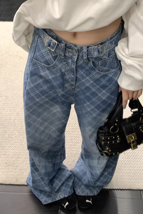 Plaid Wide-Leg Jeans
