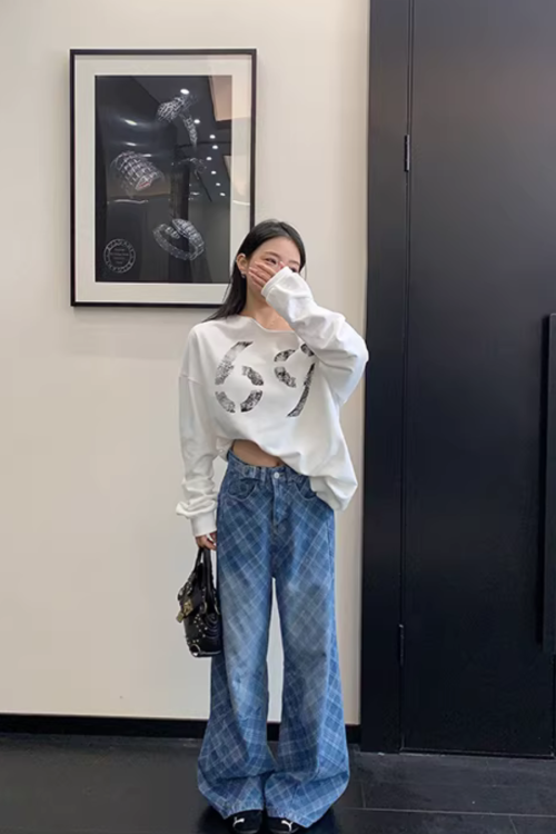 Plaid Wide-Leg Jeans