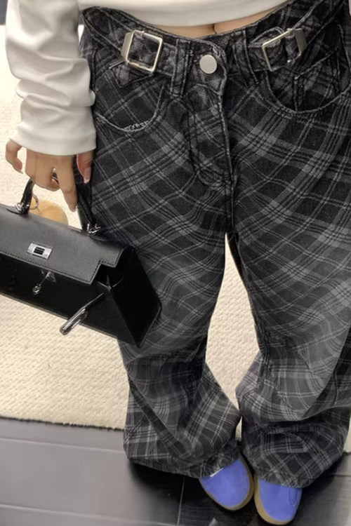 Plaid Wide-Leg Jeans