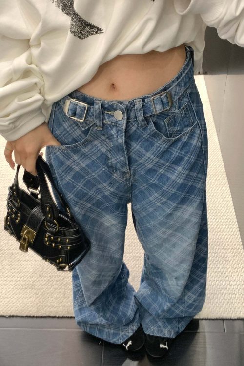 Plaid Wide-Leg Jeans