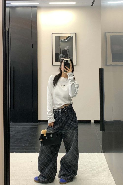 Plaid Wide-Leg Jeans