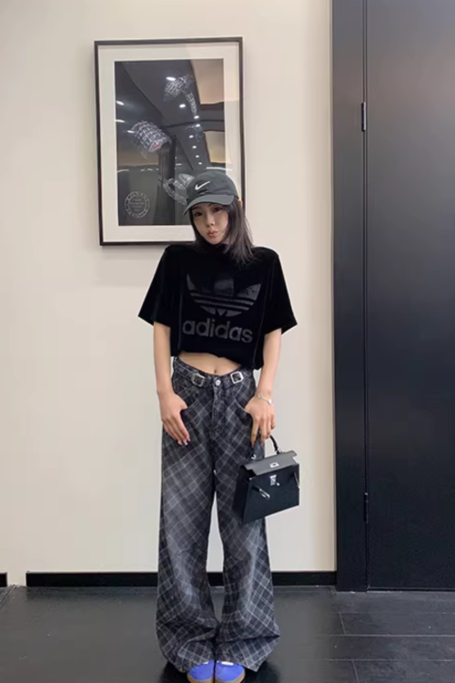 Plaid Wide-Leg Jeans