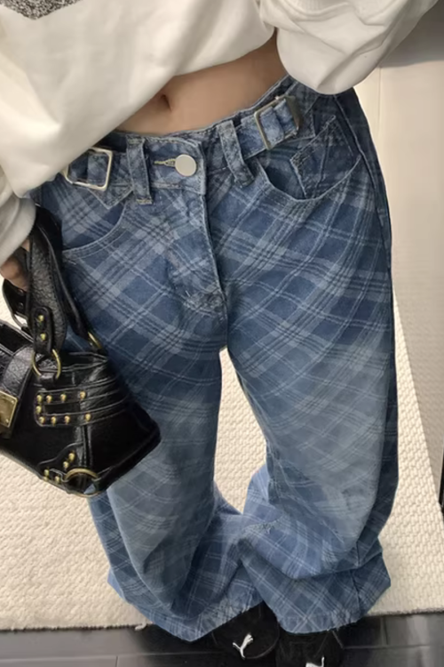Plaid Wide-Leg Jeans